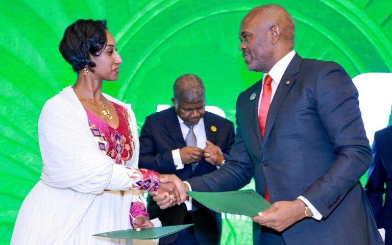 Director of the Peace Fund Secretariat, African Union, Dagmawit Moges Bekele and Group Chairman, United Bank for Africa(UBA), Tony Elumelu, during the signing ceremony of agreement for the landmark donation of $500,000 to the African Union (AU) Peace Fund in Addis Ababa, Ethiopia at the weekend.